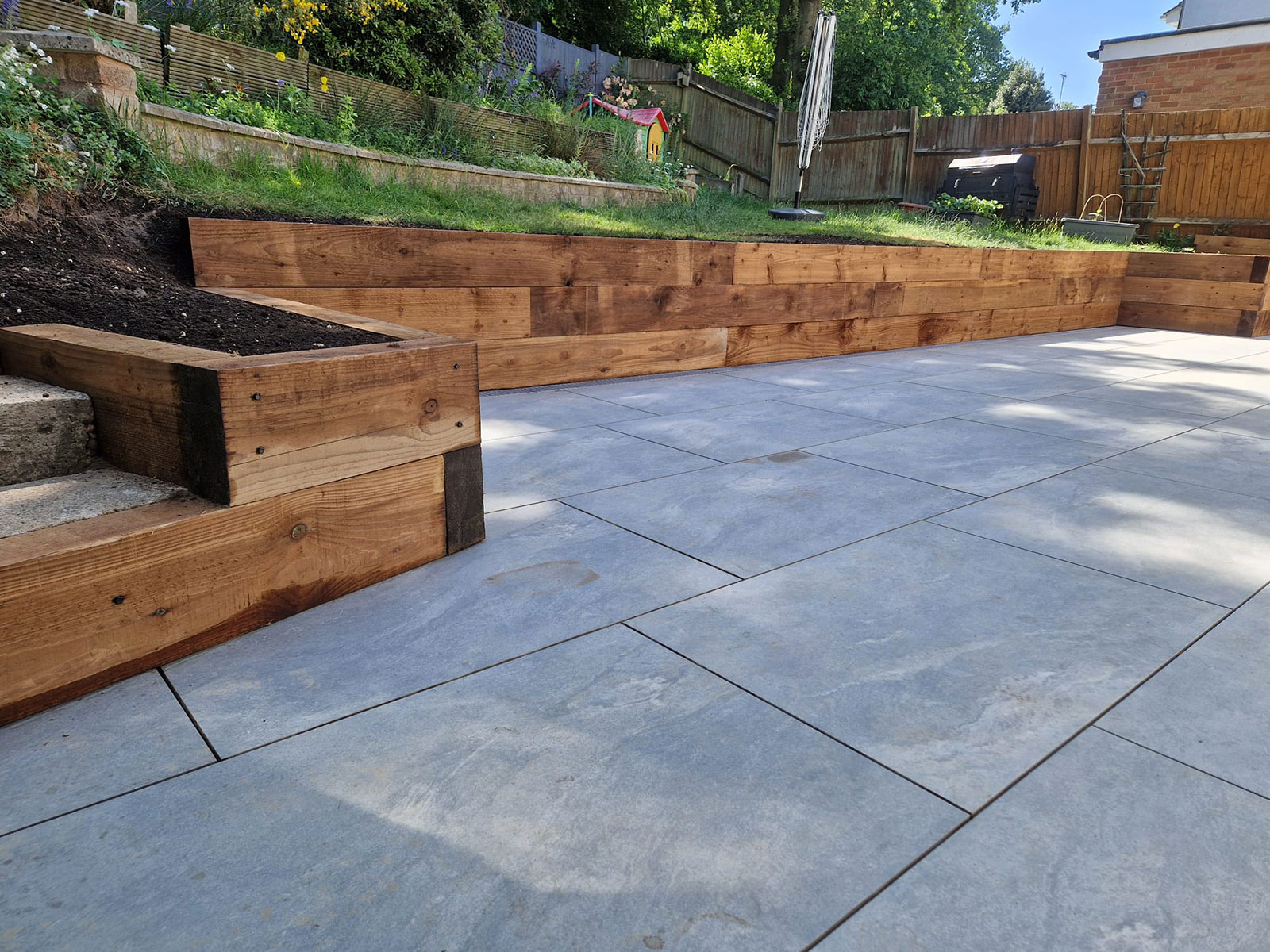 Sleeper walling built by Perfect Landscapes, Yateley, Hampshire